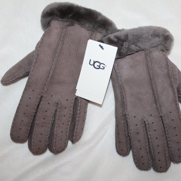 UGG‎ WOMEN'S NWT SUEDE SHEARLING GLOVES GRAY L - Picture 1 of 4